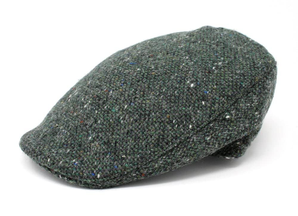 Hanna Hats Traditional Tweed Wool Donegal Touring Cap. Unisex Ivy Hat. Sewn Peak and Taffeta Lining. 100% Made in Ireland., Dark Green Fleck Salt & Pepper, XL