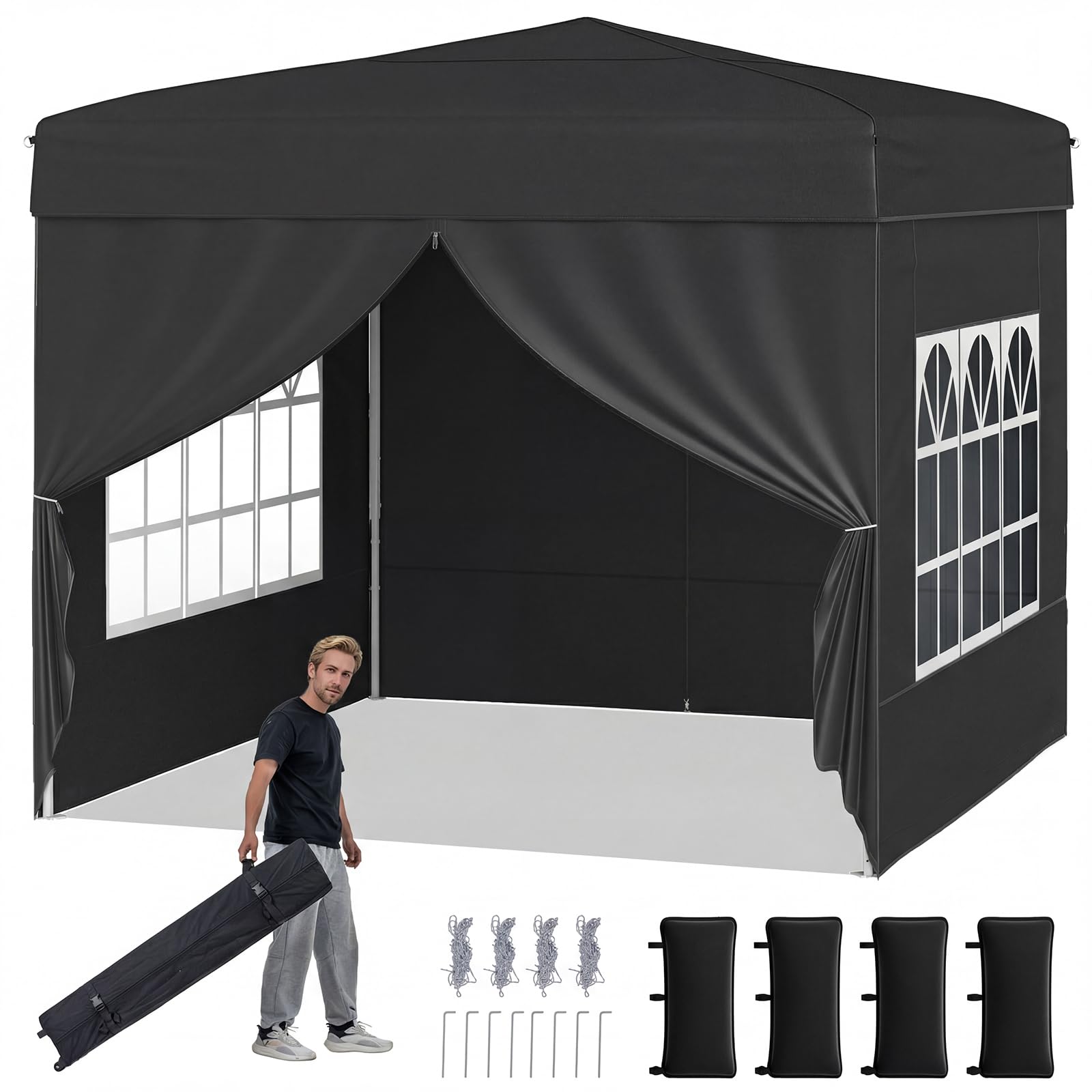 COSTWAY Tonnelle Pliante 3x3 Imperméable, Tonnelle de Jardin Exterieur avec 4 Parois Amovibles, Sac à roulettes&Fenêtres Transparentes, Barnum Réglable en Hauteur pour Camping, Fêtes, Stand (Noir)
