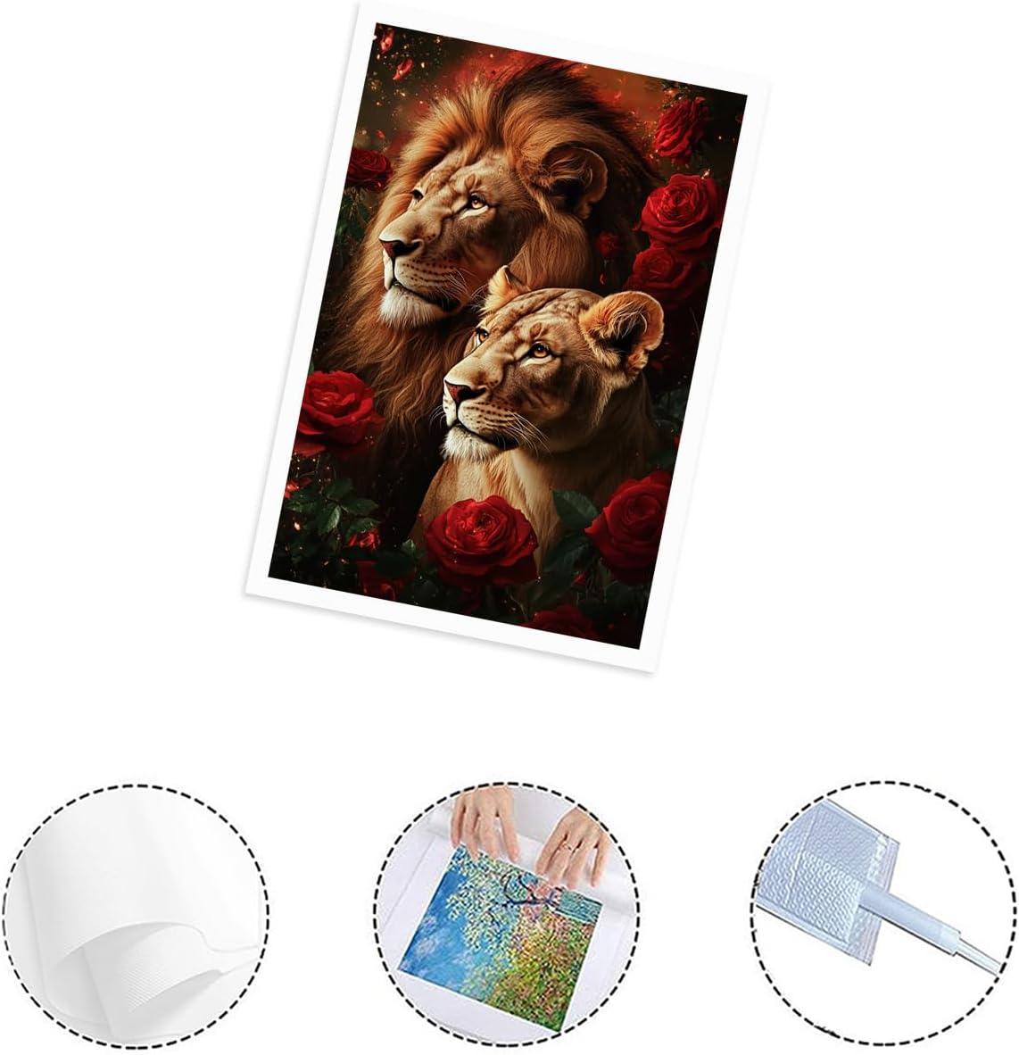 LYUNZZS Lion Canvas Wall Art Lion and Lioness Decor Red Rose Flower Picture Animal Painting for Living Room Bedroom Home Office Decor Unframed 24"x36"