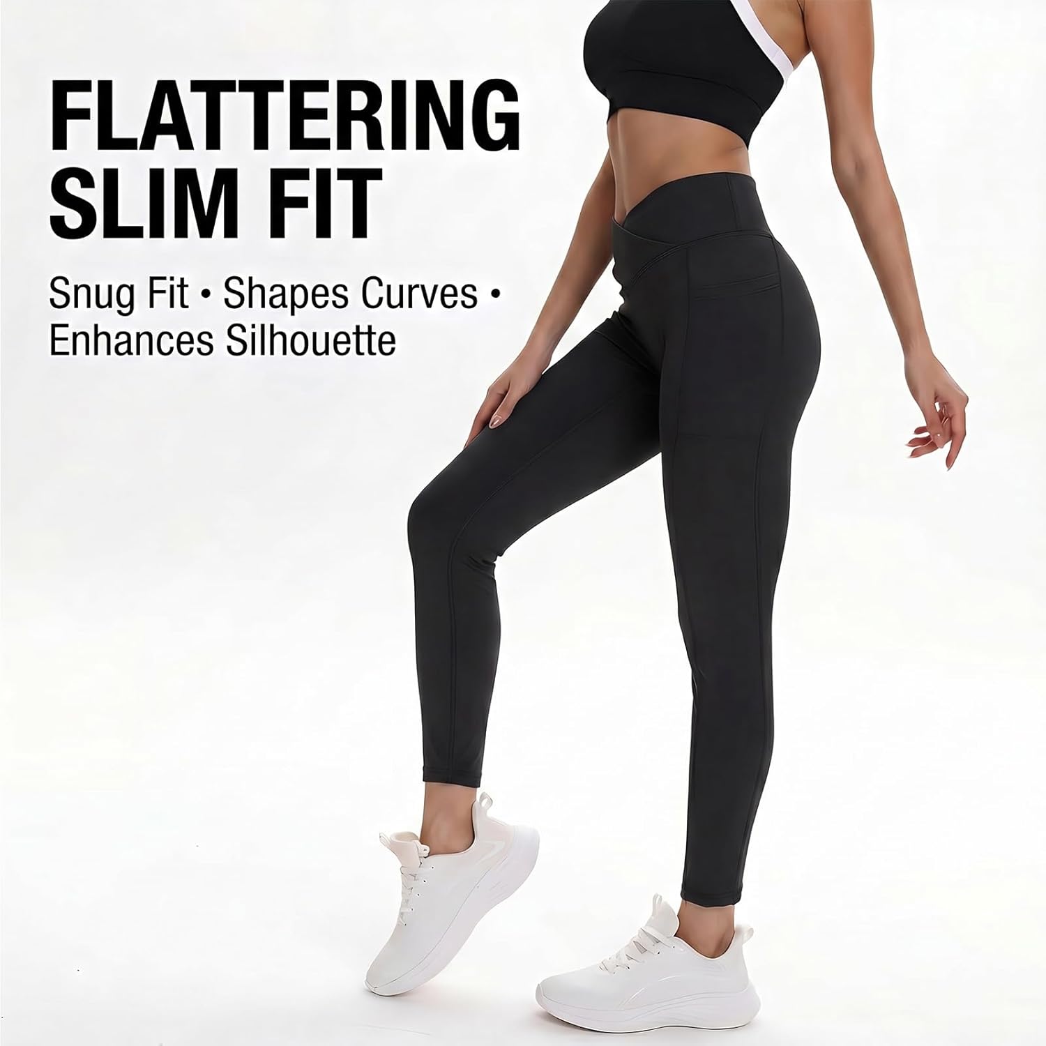 Women V-Cross Waist Leggings High Waist Tummy Control Butt Lifting Yoga Pants with Pockets 7/8 Workout Tights