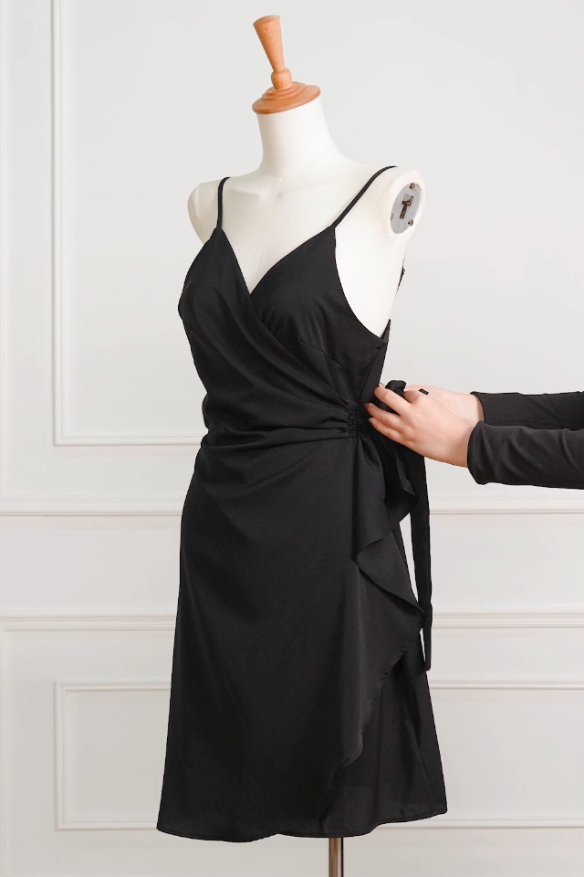 black sleeveless wrap dress Sleeveless Raw Wrap Dress / Black
