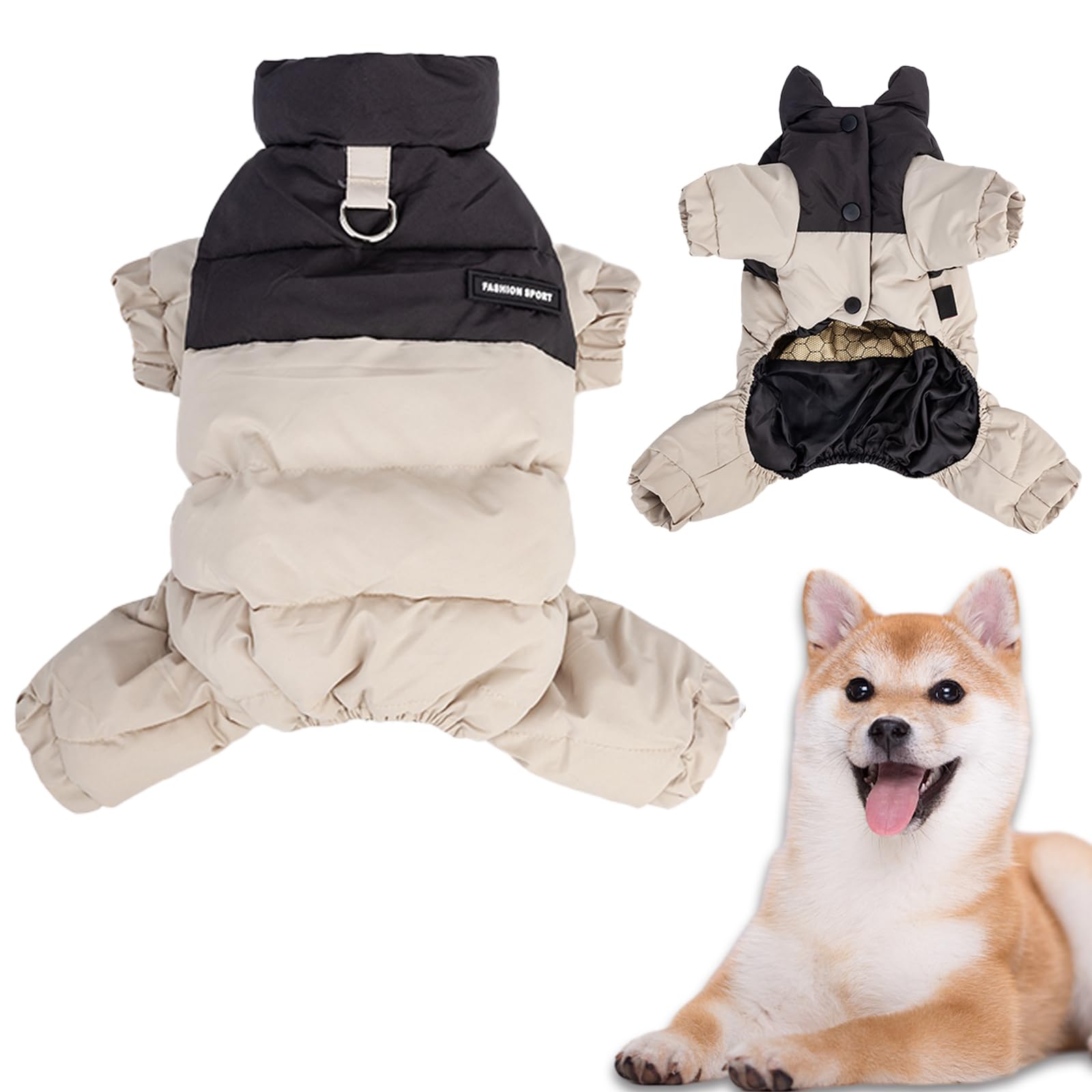 Winter-Hundemantel mit Stehkragen, winddicht, wasserdicht, warme Hundejacke für kaltes Wetter, vierbeiniger Haustier-Schneeanzug (Beige, M)