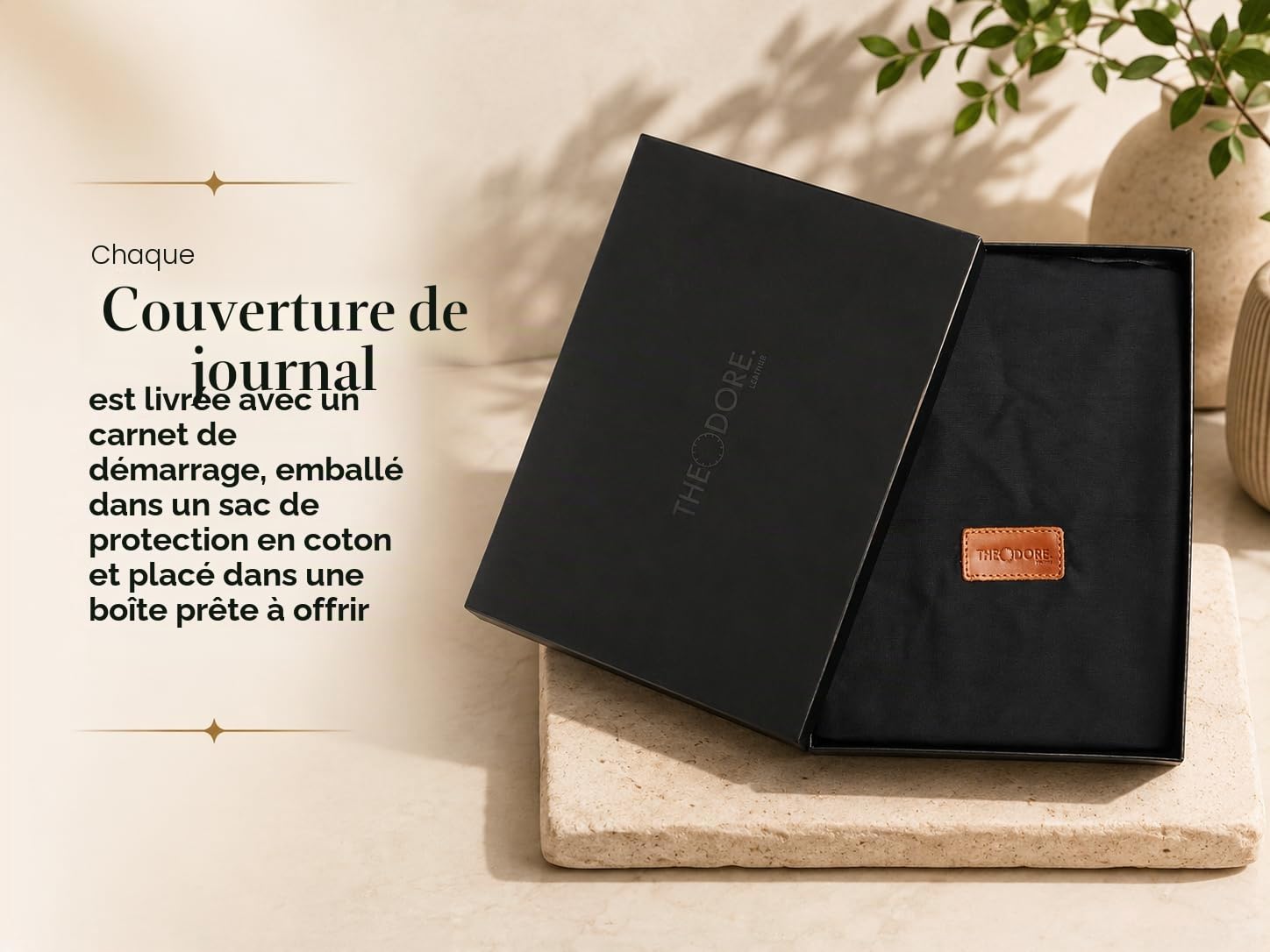THEODORE Étui pour Carnet en Cuir Noir Theodore - Compatible Moleskine XL et Cahiers B5 (19,8 x 27,4 cm) - Carnet de Voyage avec Journal Inclus