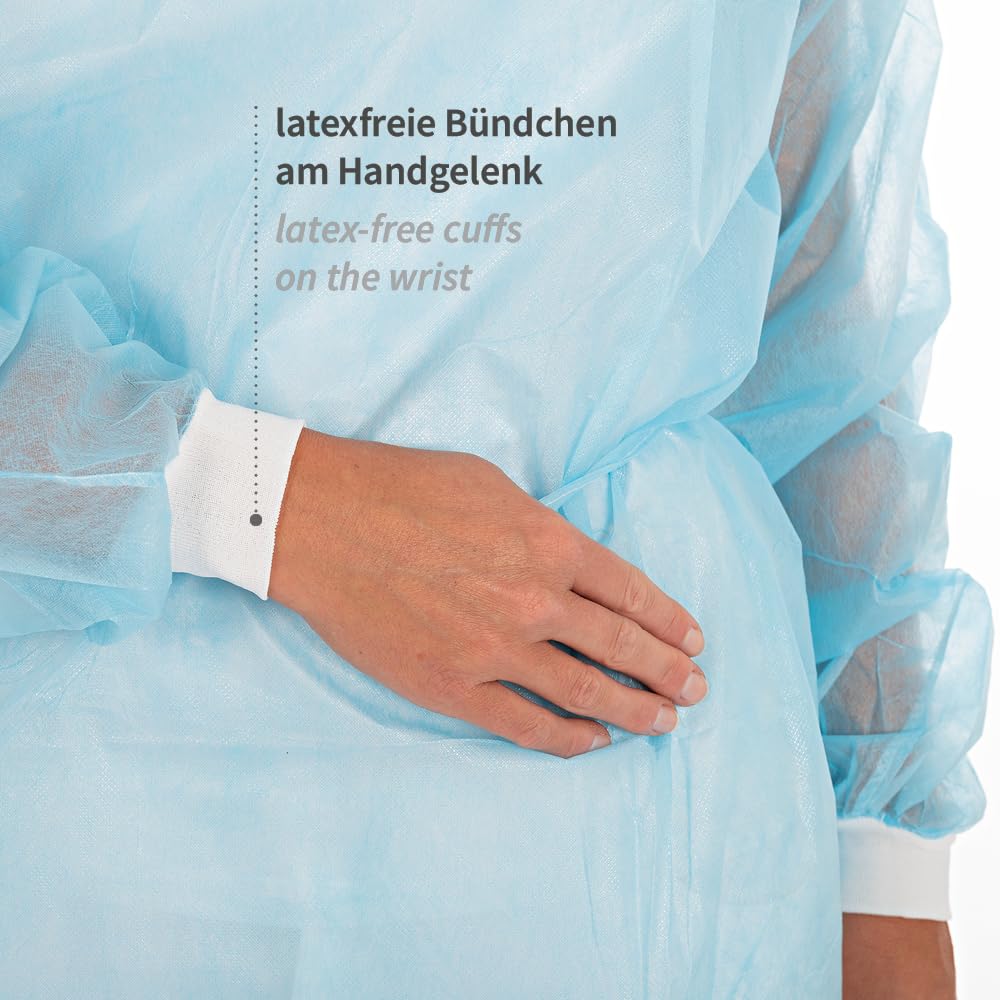 FRANZ MENSCH 100 Stück, Vlieskittel, L 135cm, blau, PP/PE, Nackenbindeband | Eco, teil-laminiert, Umfang 145cm, OP Einwegkittel, Einmalkittel mit Bündchen, Schutzkittel, Besucherkittel, visitor gown