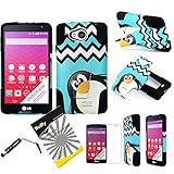 3 items Combo: ITUFFY(TM) LCD Screen Protector Film + Stylus Pen + 2tone Design Dual Layer KickStand Tuff Impact Armor Hybrid Soft Rubber Silicone Cover Hard Snap On Plastic Case for LG F60 / 1st Gen. LG TRIBUTE LS660 / LG Transpyre VS810 (Blue Chevron Cartoon Penguin - Black)