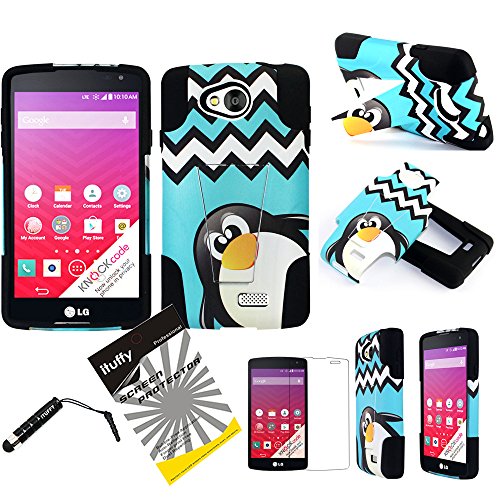3 items Combo: ITUFFY(TM) LCD Screen Protector Film + Stylus Pen + 2tone Design Dual Layer KickStand Tuff Impact Armor Hybrid Soft Rubber Silicone Cover Hard Snap On Plastic Case for LG F60 / 1st Gen. LG TRIBUTE LS660 / LG Transpyre VS810 (Blue Chevron Cartoon Penguin - Black)