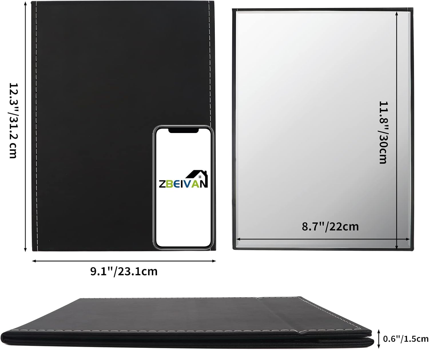 ZBEIVAN 12x9 Inches Extra Large Portable Folding Makeup Mirror, Frameless PU Leather Vanity Mirror with Stand for Desk Table Camping Travel Personal, Black