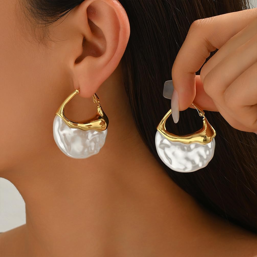 Trendy Gold Half Round Moon Pearl Earrings Statement for Women, Charm Vintage Unique Chunky Irregular Pearl Hoop Earrings Dainty Valentine Jewelry Gift - Image 9