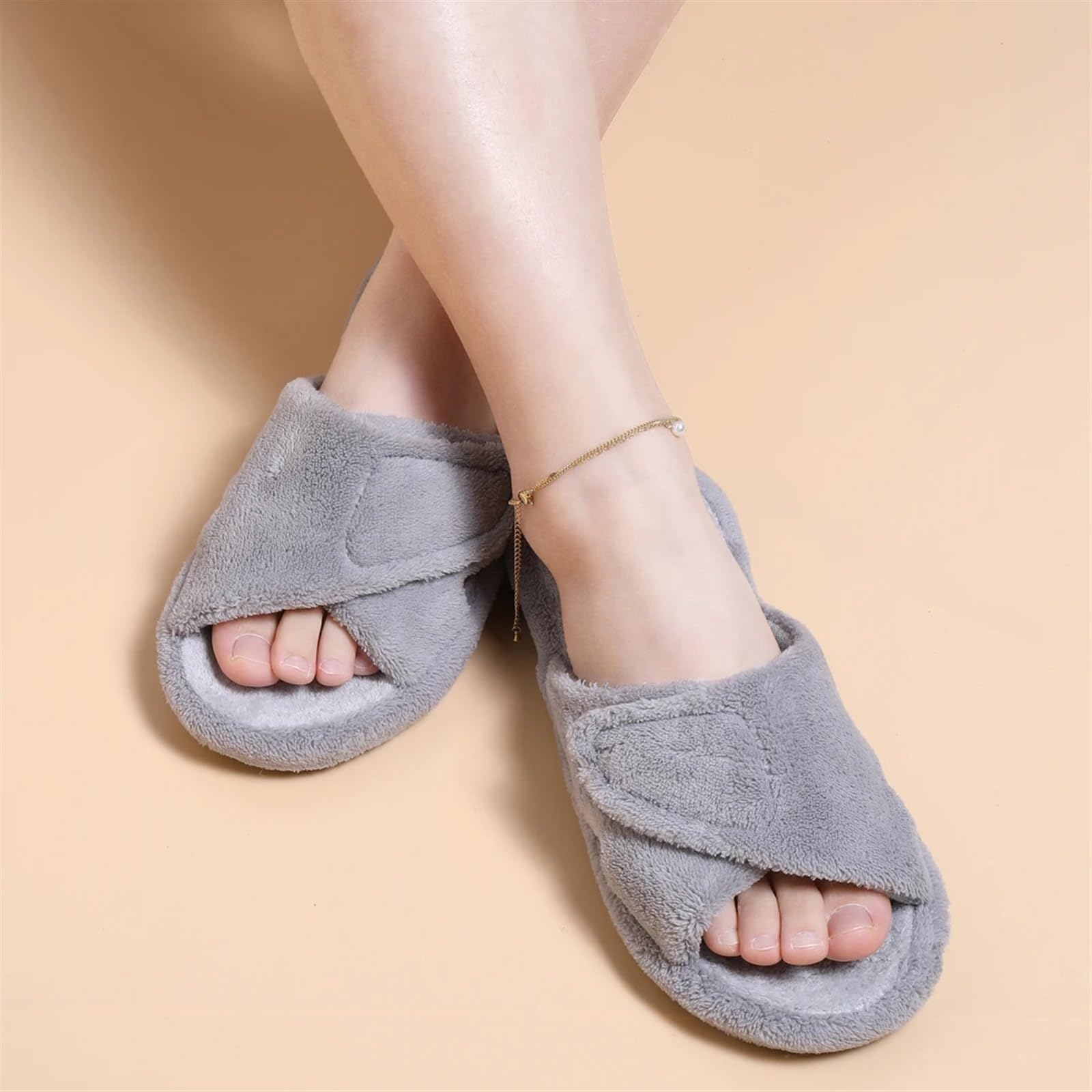Tela Zapatillas Zapatillas de interior difusas for mujer, zapatillas ajustables de tela de rizo con soporte for el arco, zapatos de casa con punta abierta for las cuatro estaciones For Viaj Y Casa(Gra