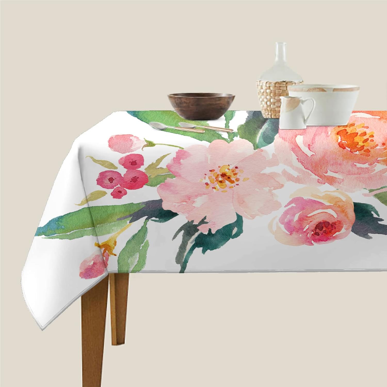 Spring Square Tablecloth 70x70 Inch, Waterproof Polyester Table Cover for Party Wedding Banquet, Watercolor Floral Wrinkle-Resistant Tablecloths, Pink Green