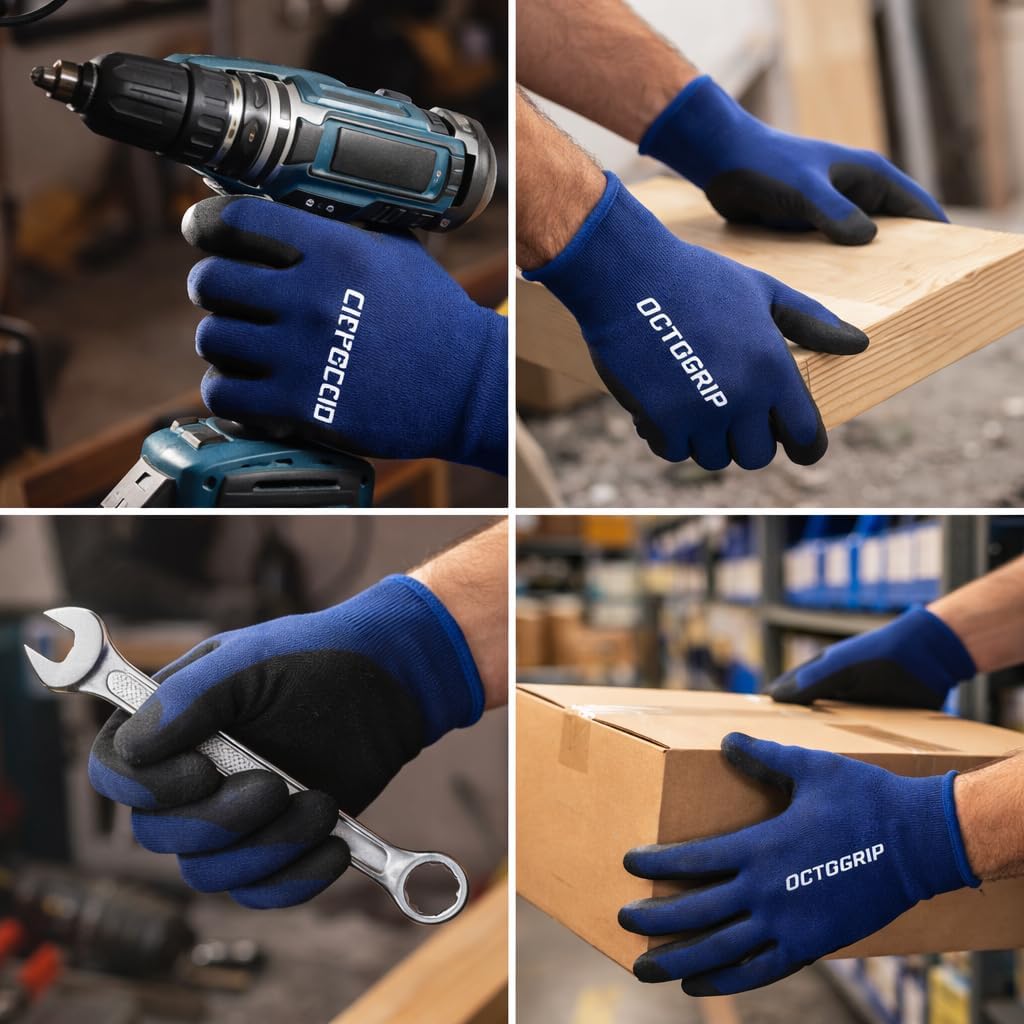 Octogrip Nitrile Coated Work Gloves 18-Gauge Breathable Liner, Touchscreen Compatible, Large, Medium Size (6 Pair Pack)