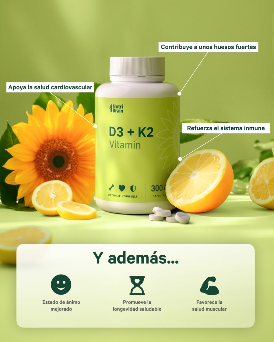 Vitamina D3 y K2 1000UI - 300 Comp - 10 Meses | Premium: MK-7 100% All-Trans Máxima Biodisponibilidad | Apoya Huesos, Sistema Inmune y Corazón