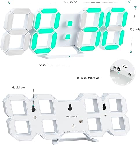 Vista 35 de EDUP HOME - Reloj despertador de escritorio digital 3D con luz Led de 9.7 pulgadas, control remoto, brillo automático y ajustable, muestra el tiempo