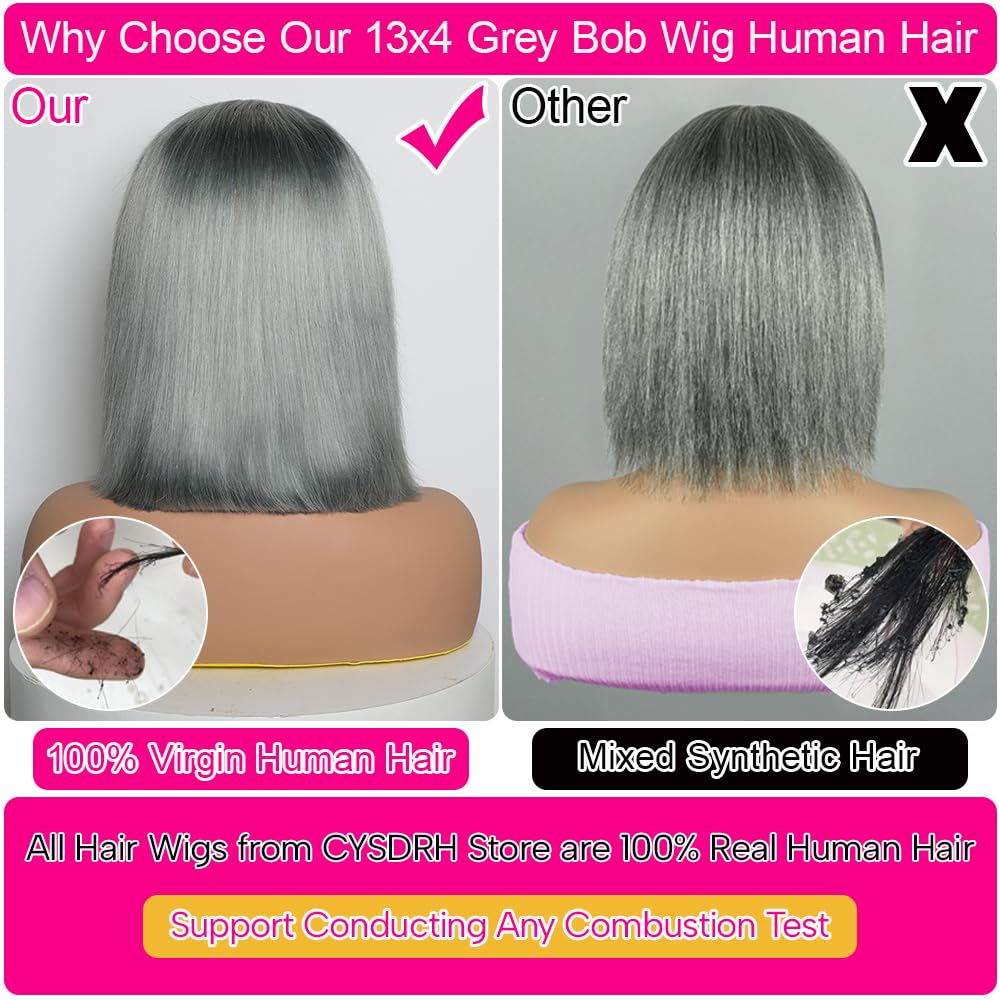 CYSDRH Grey Bob Wig Human Hair 13x4 Transparent Lace Front Bob Wigs Pre Cut Pre Plucked 100% Unprocessed Brazilian Virgin Human Hair Wigs for Black Women - Image 3