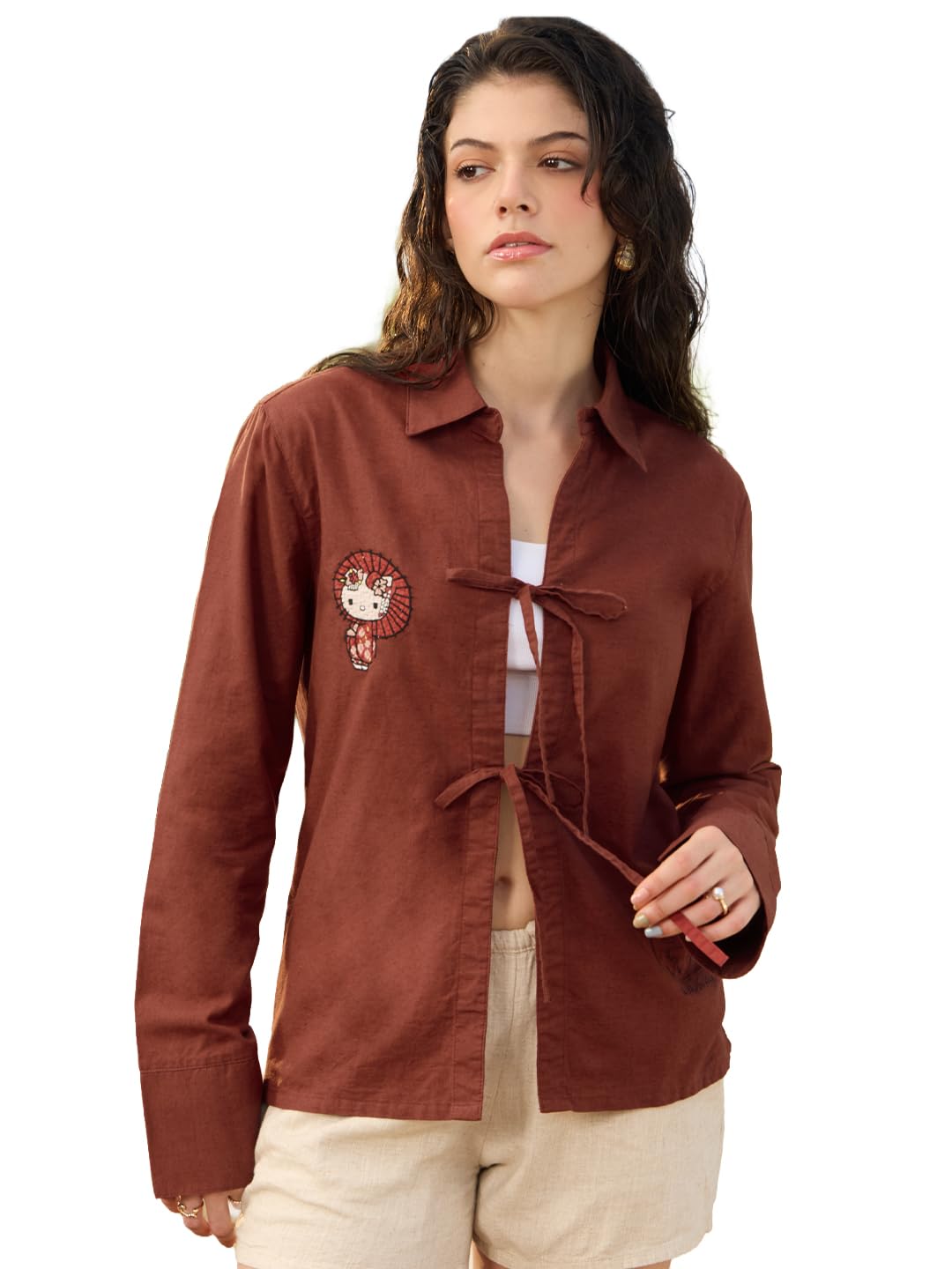 The Souled Store Camicia con lacci: Hello Kitty, da donna e ragazza, con colletto ampio e colletto largo ricamato, in cotone e lino, vestibilità regolare, leggera, per tutti i giorni, per tutte le