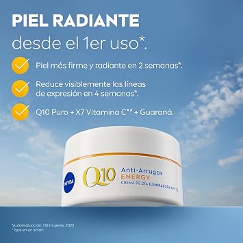 NIVEA Q10 Anti-Wrinkle Energy - Brightening Day Cream with SPF15 - Instant Glow and Uniform Skin - Pure Q10, 7x Vitamin C and Guarana - Reduces Expression Lines - Tired and Dull Skin - 50ml