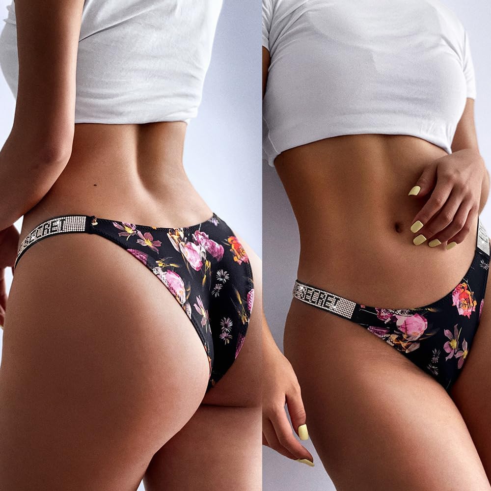 Women's Ice Silk Rhinestone Thongs Low Waist High Cut Bikini Underwear Hipster T Back Panties 6 Pack - Image 2