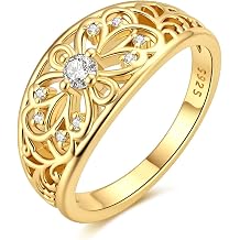 Hapour 925 Sterling Silver Ring for Women, Victorian Leaf Filigree Vintage Ring with CZ Stones Simple Statement Eternity Rings Everyday Unique Wedding Band Size 6-9