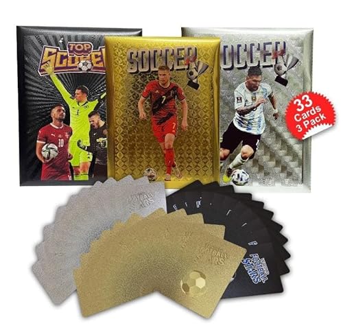 Soccer Trading Cards 2024-25, 3 Packs | 11 Cards Each, 33 Total, Collectible Player Cards Set, Gold Black Silver Packs, Gift for Kids & Fans, Soccer Card Pack for Trading & Collecting
