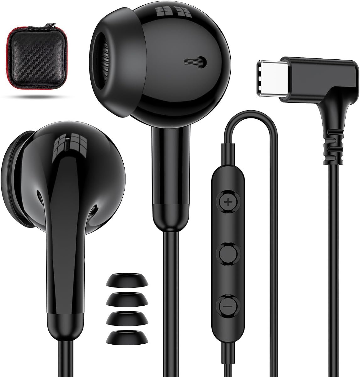 USB C Headphones, 90° Right Angle Wired Earbuds for iPhone 17 16 15 | Type C Earphones with Mic Volume Control Noise Canceling HiFi Stereo Ear Buds for iPad Pro Galaxy S26 S25 Pixel 10 9 8
