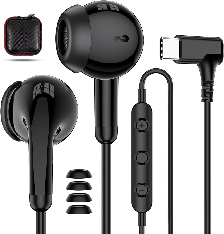 USB C Headphones, 90° Right Angle Wired Earbuds for iPhone 17 16 15 | Type C Earphones with Mic Volume Control Noise Canceling HiFi Stereo Ear Buds for iPad Pro Galaxy S26 S25 Pixel 10 9 8