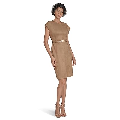 Calvin Klein Suede Belted Cap Sleeve Sheath Women