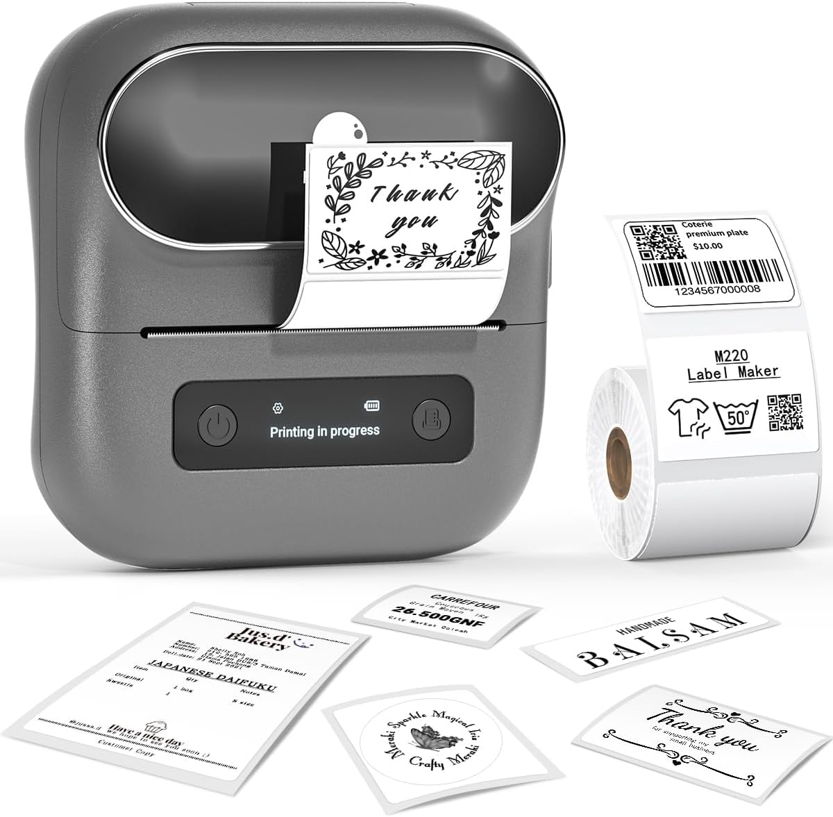 Phomemo M220 Label Maker & 1 Roll Thermal Round Gold + 1 Roll Labels, Label Makers Upgrade,3.14 Inch Portable Thermal Printer Support 20-80mm Width Label