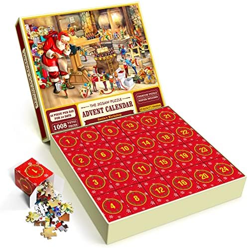 Advent Calendar Puzzles for Kids and Adults, 2022 Christmas 24 Days Countdown Calendars for Boys Girls,1008 Pieces Christmas Puzzle in 24 Boxes, Santa's Workshop(27.56 x 19.68 Inch)