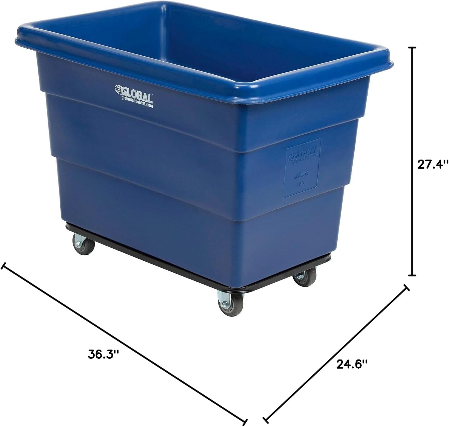Global Industrial 8 Bushel Plastic Bulk Box Truck, Steel Chassis Base, 800 lbs. Capacity, 3" Non-Maring Rubber Casters, Blue, 33-3/10"L x 24-3/5"W x 27-2/5"H