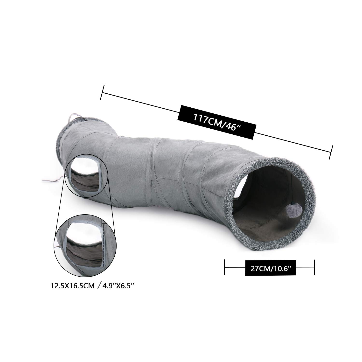 OHANA S Forme Jouet Tunnel pour Chat en Daim, Grand Tunnel a Chat Pliable avec 2 Trous et Boule Suspendue pour Chats Chatons Lapins Dia27 * 117cm