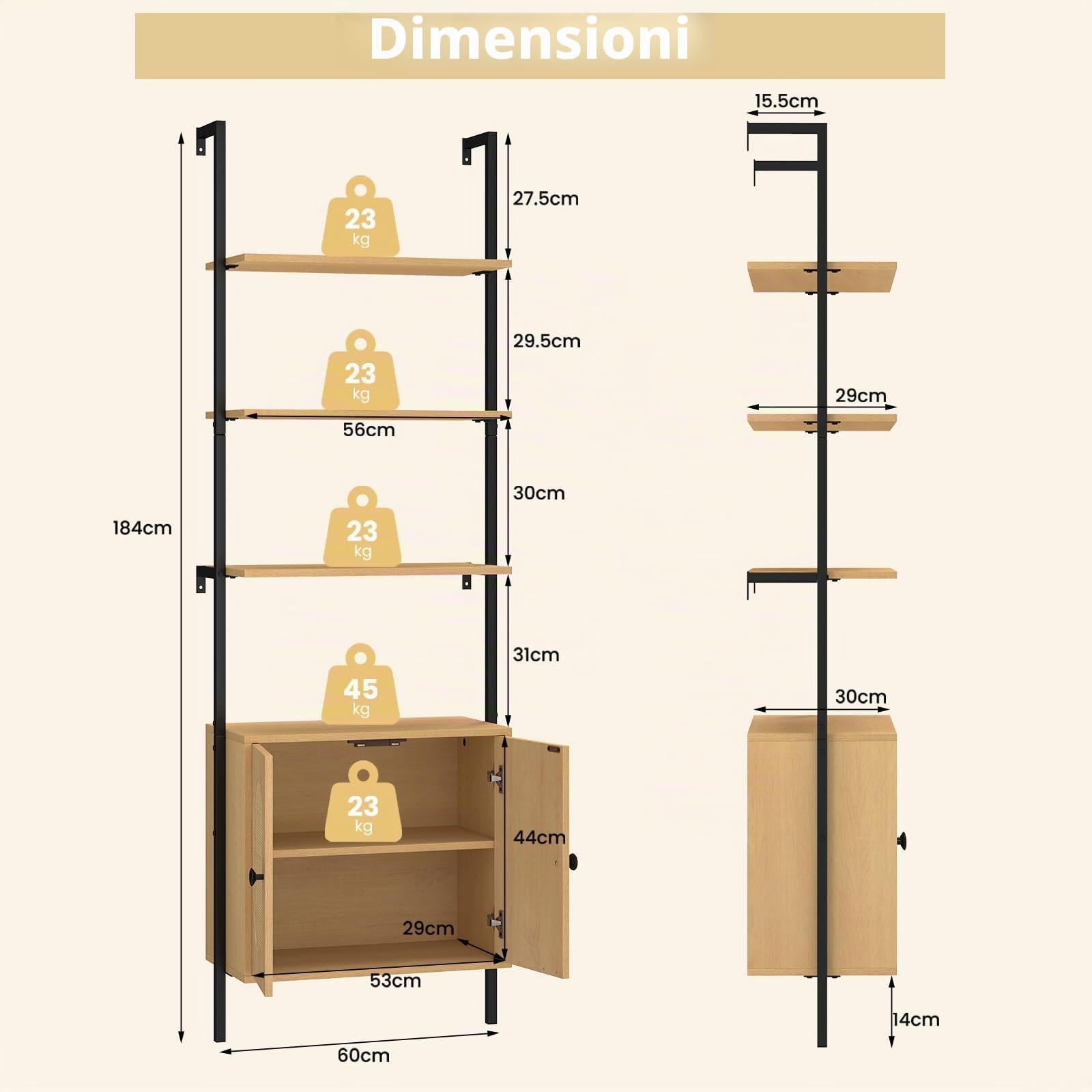 LIFEZEAL Libreria a 3 livelli, 184 cm, scaffale a scala con ripiano regolabile e armadio, mensola portaoggetti con ante in rattan e telaio in metallo per soggiorno, ufficio casa, camera da letto