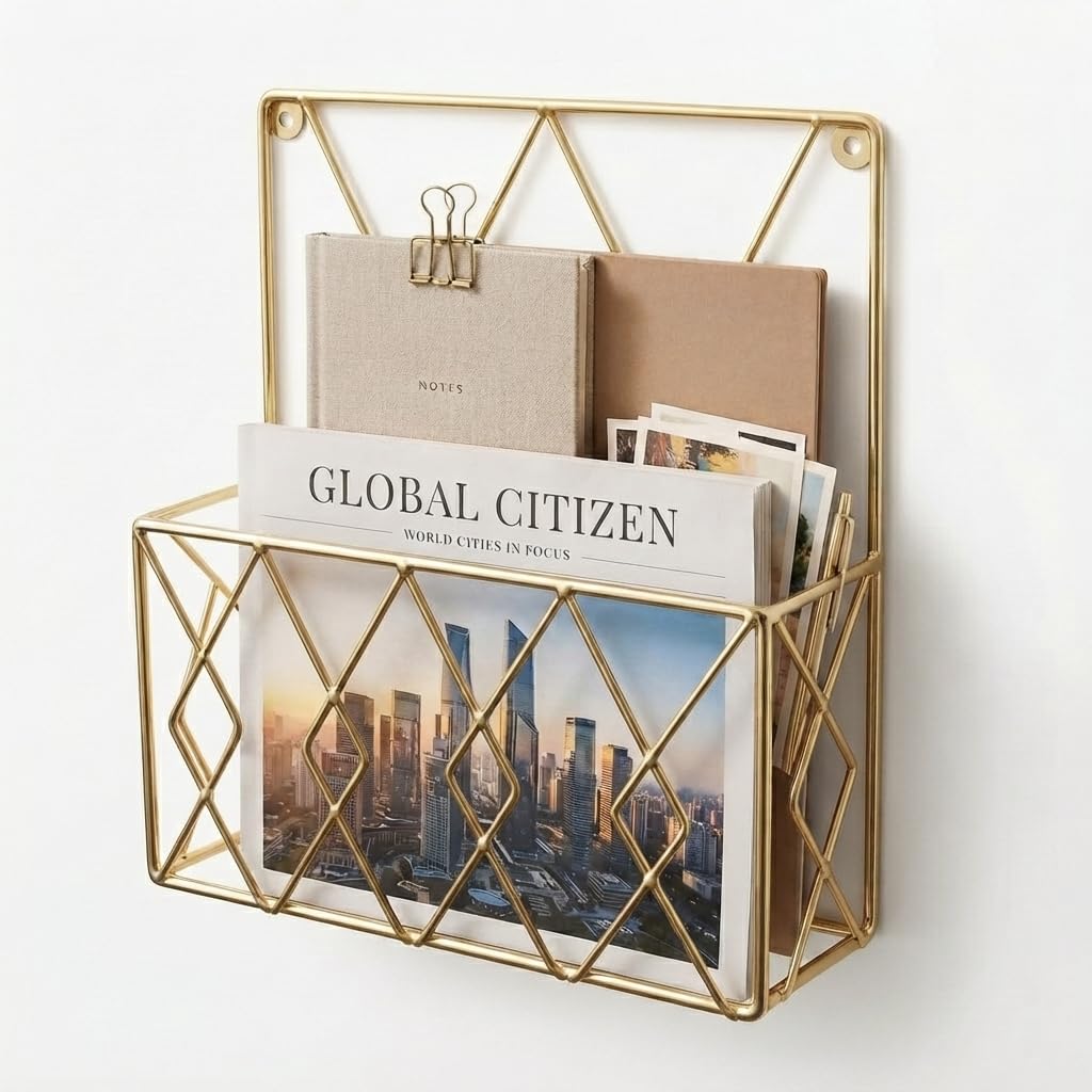 Golden Metal Wire Wall Mount File and Magazine Holder, Geometric Hanging Document Organizer for Home and Office-image-25