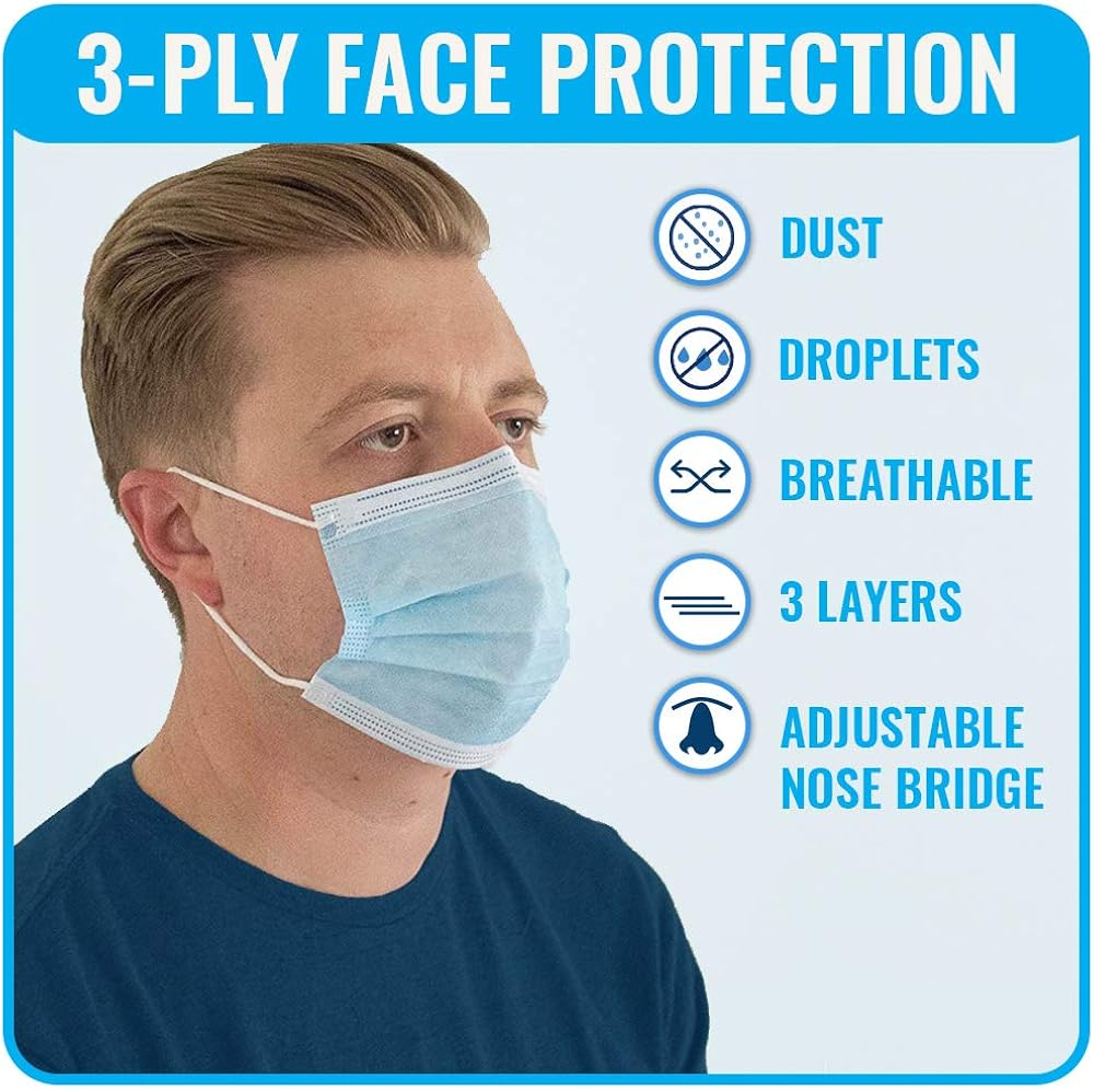 PS Direct Products 50 Pack Disposable 3-Ply Face Mask with Elastic Ear loops - Built-In Filter, Breathable Protection, Adjustable Nose Bridge, One Size Fits Most, Blue