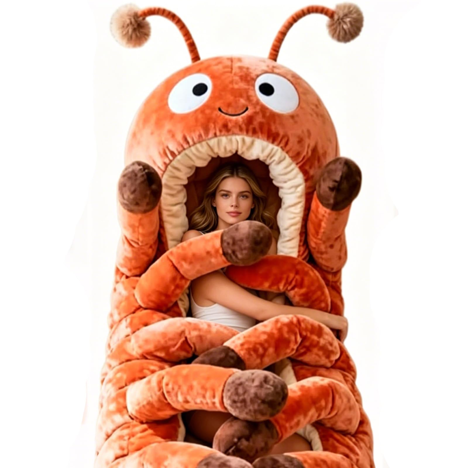 Hugging Caterpillar Sleeping Bag, Plush Cocoon Sleep Sack, Pull Cord Lounger for Adults, Cozy Hooded Nap Pod, Full Body Animal Floor Pillow, Washable Warm Snuggle Sack for Teens — view 6