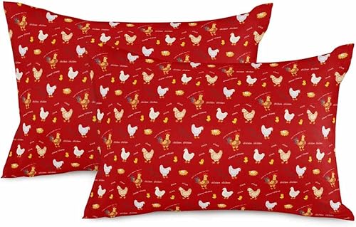HuHuBubble Juego de 2 fundas de almohada de color rojo pollo de 12 x 20 pulgadas, divertidas decoraciones navideñas de dibujos animados, fundas de