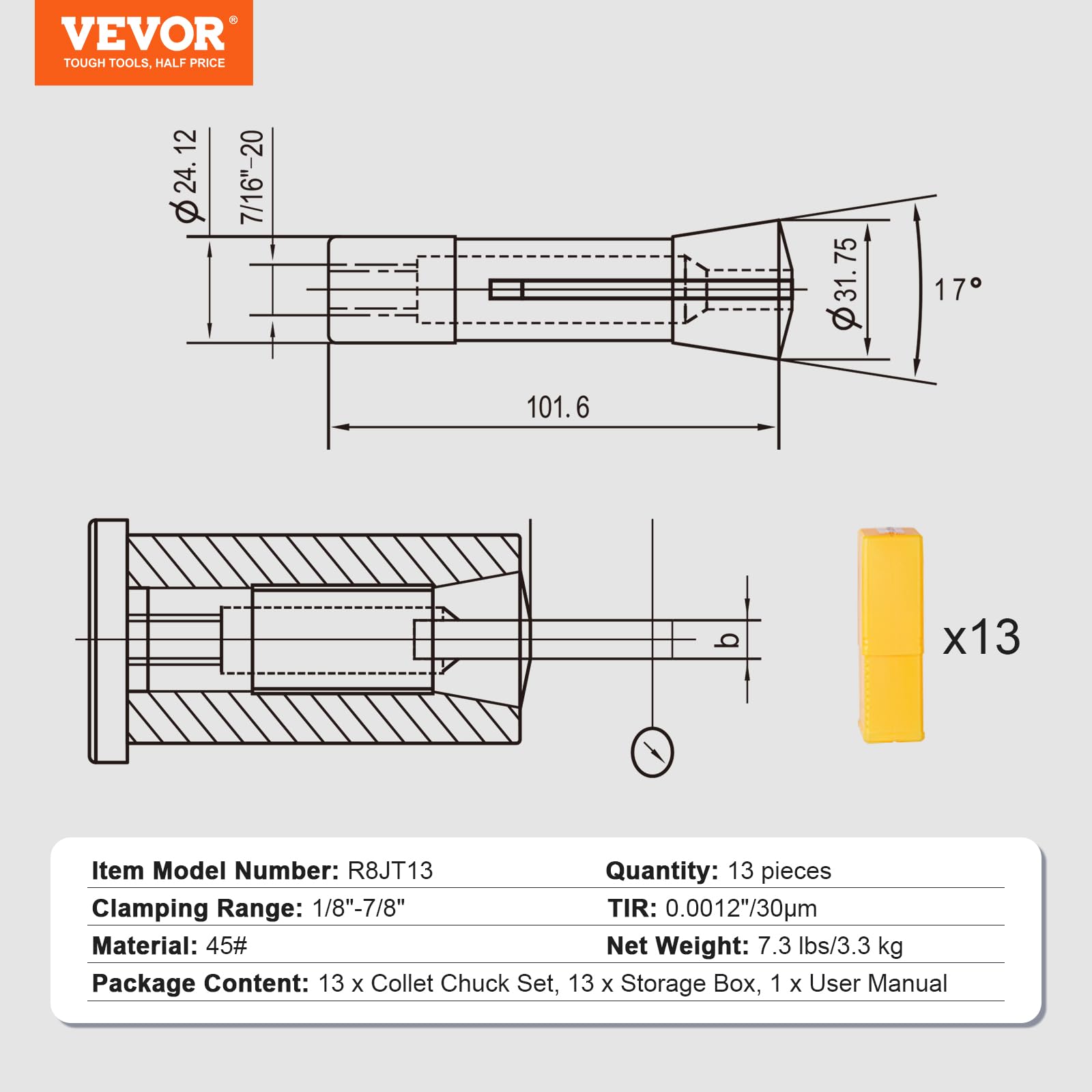 VEVOR Precyzyjny zestaw tulei zaciskowych R8, 1/8'' - 7/8'', 45# uchwyt zaciskowy ze stali stopowej 0.0 cm/30μm TIR z 13 oznakowanymi pudełkami do przechowywania, do frezarek, wiertarek, wytaczarek,