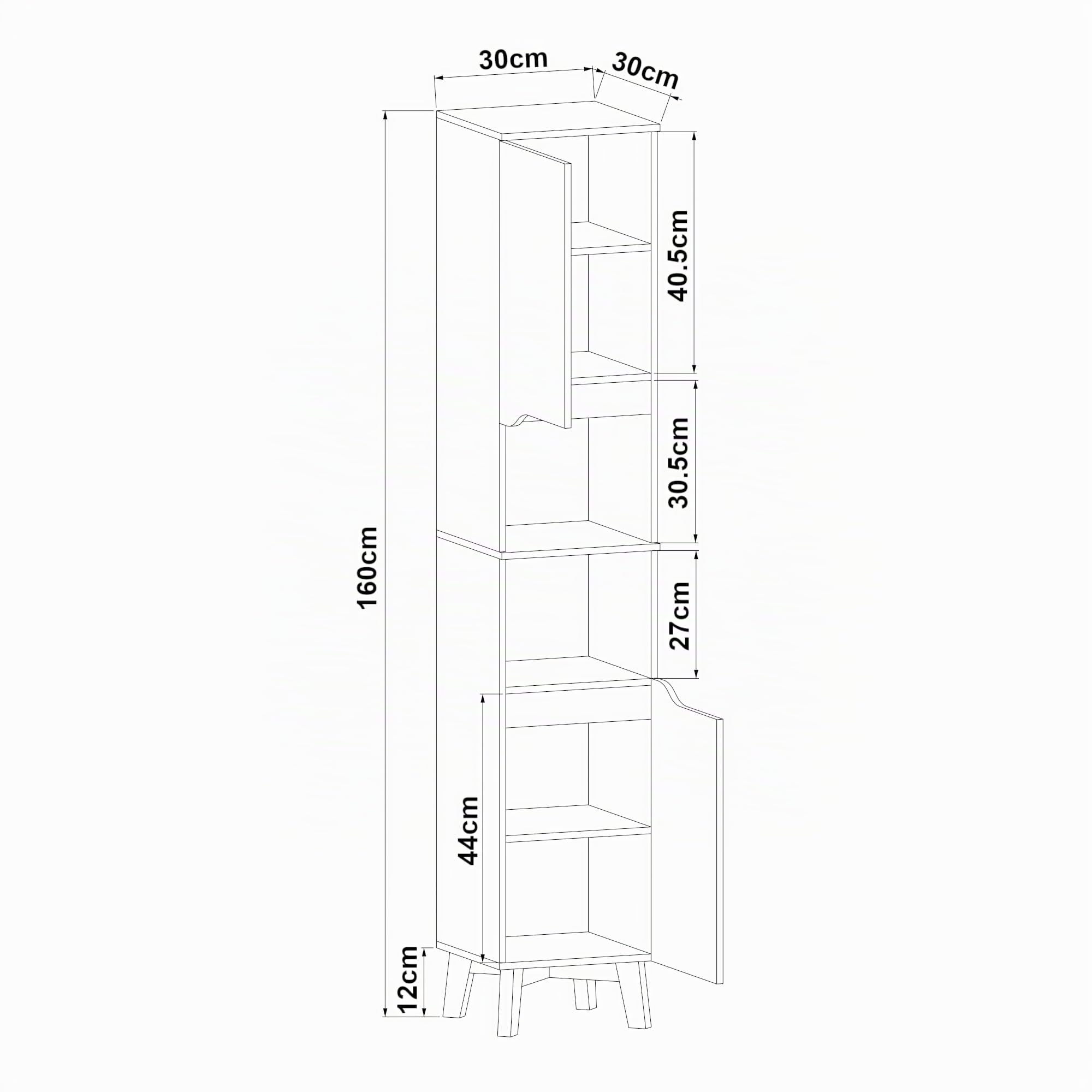 [en.casa] Columna de Baño con 2 Compartimetos Abiertos y Cerrados Armario Alto Mueble Auxiliar Baño con 2 Puertas MDF + Aglomerado Patas de Pino 160 x 30 x 30 cm - Gris y Color Madera