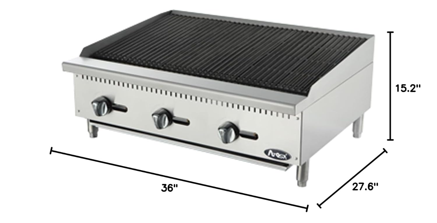 Atosa CookRite ATRC-36 36-Inch Heavy Duty Gas Countertop Charbroiler Radiant Char-Grill Broiler | Reversible Cast-Iron Grates, Stainless Steel, 3 Burners, 105,000 BTU (Includes: LP Conversion Kit)