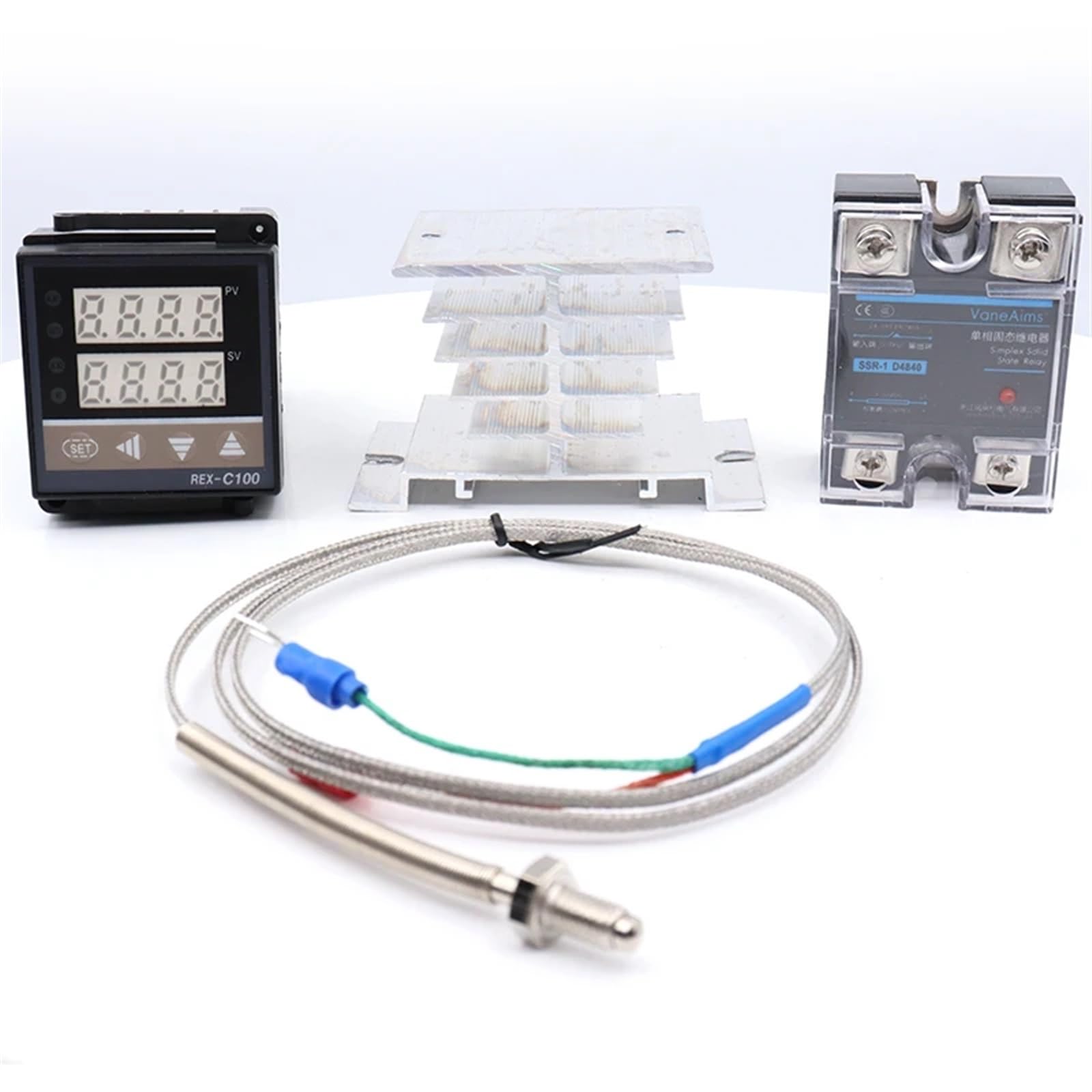 Regolatore di temperatura PID digitale Uscita Rex-C100 SSR-DA40 Termostato relè tipo K Sonda/dissipatore di calore 220 V Temperatura 0-400 ℃ (Color : One set with base)
