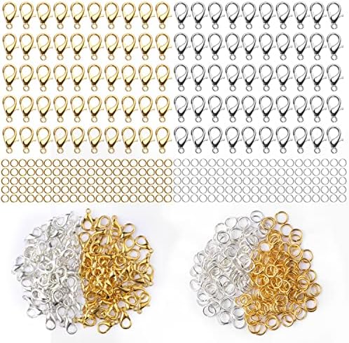 300 pcs Lobster Clasps and Open Jump Rings Set, Jewelry Clasps Lobster Claw Clasps for Jewelry Making Findings and Bracelets Jewelry Findings Kit (Gold, Silver)