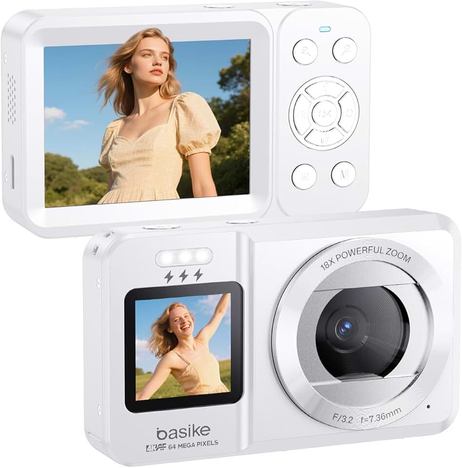 Basike Câmera Fotográfica Digital 4K UHD 64MP, Zoom 18X, Tela Dupla com Flash, Foco Automático e Efeitos Criativos, para Iniciantes, Jovens e Viagens, Compacta, Criativa e Portátil – Branco
