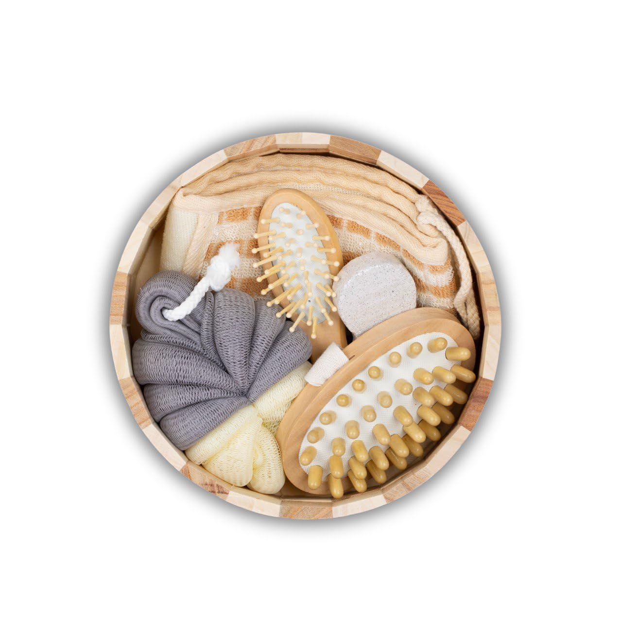 FYCAN 6 In 1 Shower Exfoliating Bath Body Brush Scrubber Set Wood Barrels, Wood Combs, Feet Scrub Stone, Scrub Sponge, Body Back Scrub Towel And Wooden Round Shape Basket For Men Women-image-23
