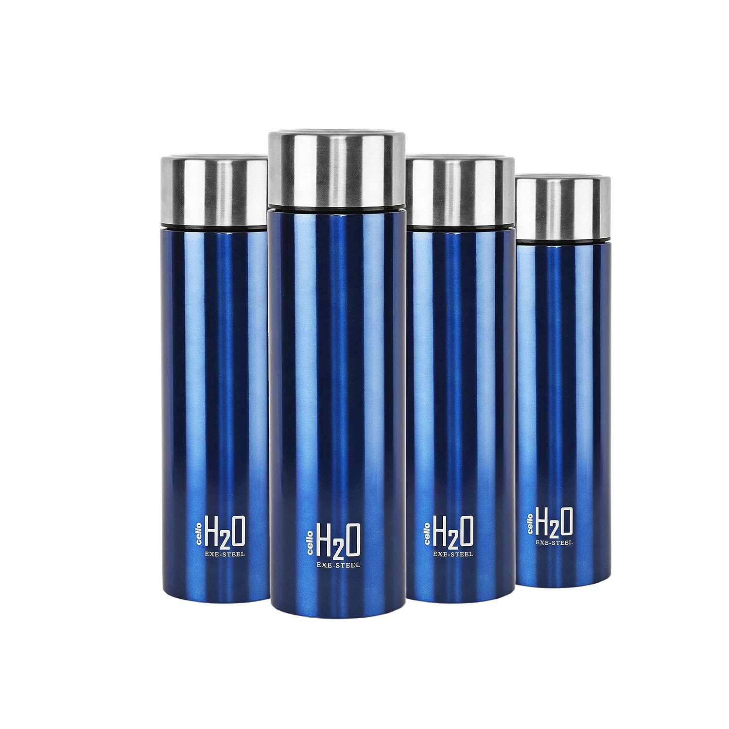 CELLO H2O Stainless Steel Water Bottle for Office & Daily Use Set of 4 Pcs, 1000 ml Blue | Single Wall Freezer & Fridge Safe, Lightweight Leakproof Rustproof Steel Water Bottle for School Gym Travel