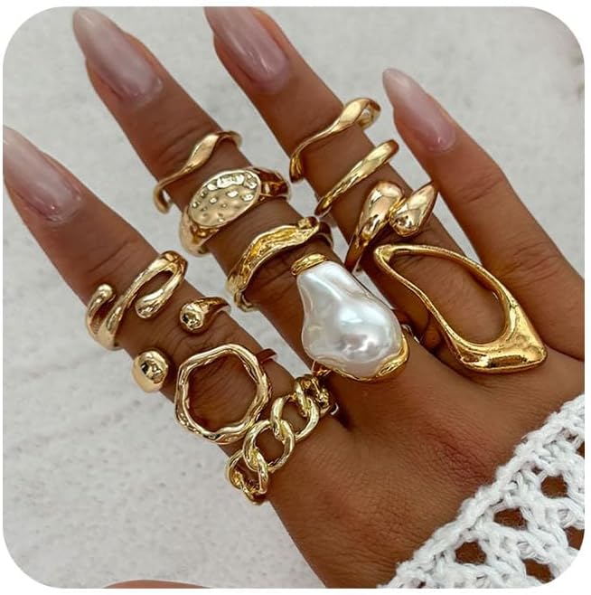 Chunky gold rings baroque pearl rings adjustable stacking set