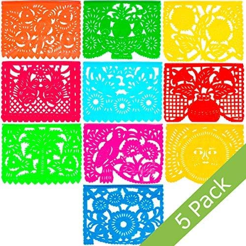 Large Plastic Papel Picado Banner - 15 Feet Long - Two Designs to Choose from (5 Pack, All Occasions)