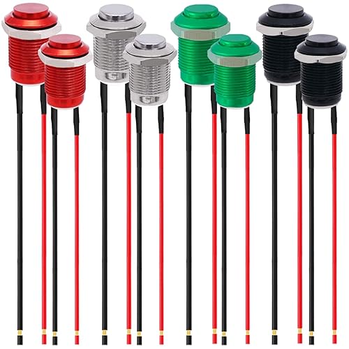 Vista 12 de 6 interruptores de botón LED de 0.472 in con cierre de 0.472 in, carcasa negra con precableado, interruptor de botón impermeable IP65, 1NO 2 M.