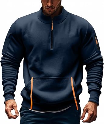 Mens Quarter Zip Tactical Sweatshirts Long Sleeve Mock Neck Pullover Golf Polo Sweater Fishing Cargo Sports Shirts