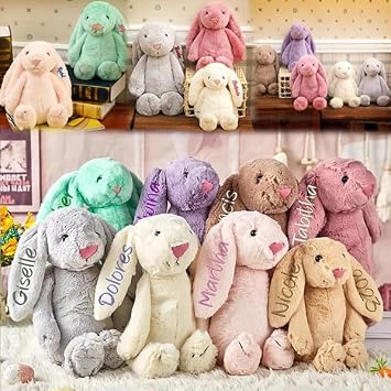 Personalized Easter Bunny Custom Bunny Stuffed Animals with Child's Name Handmade Embroidered Patch Custom Plush Rabbit Toy for Girls Boys Kids