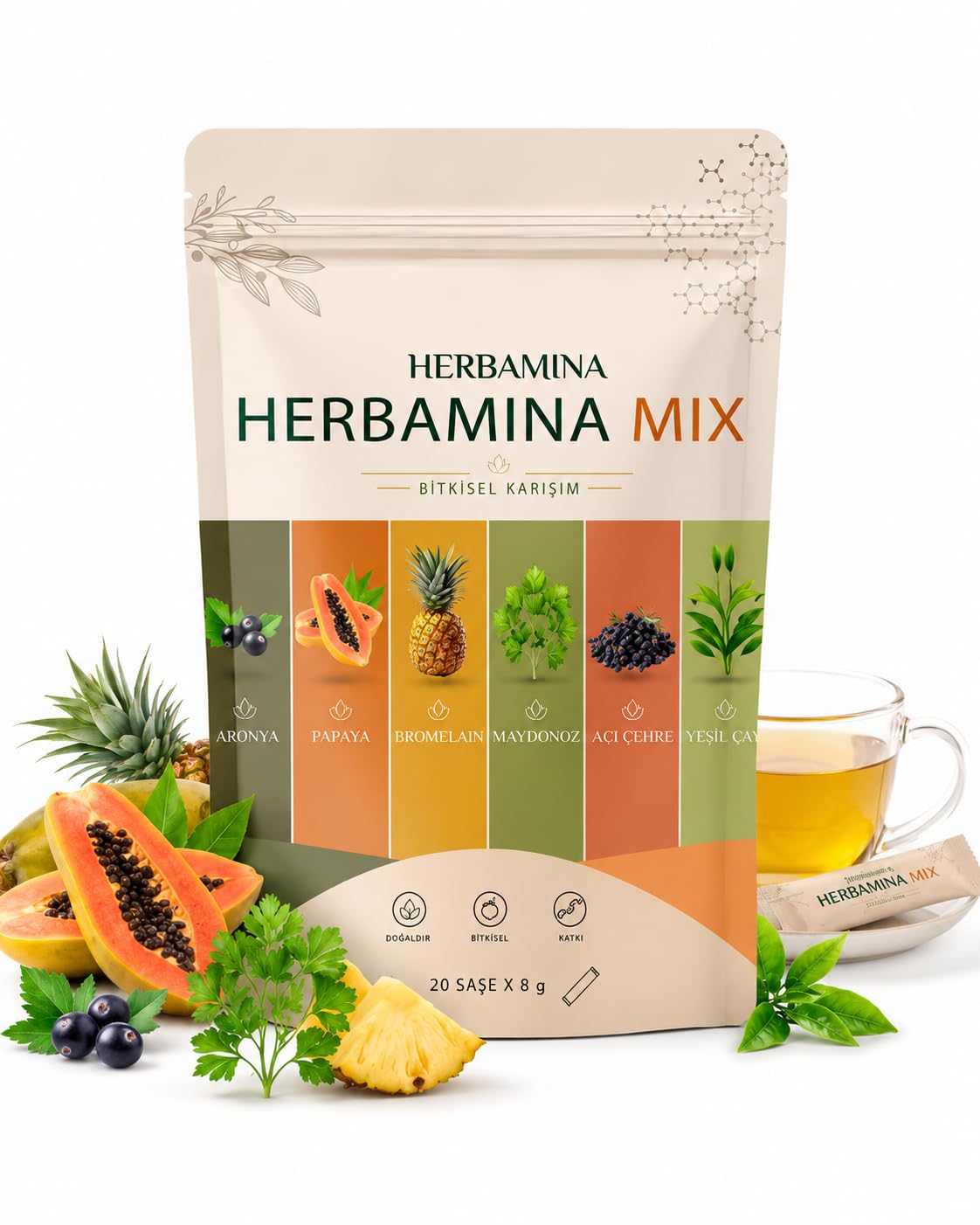 Herbamina Mix Bitkisel Karışım 2er Pack – 2 x 20 Sachets Kräutergetränk Pulver | Türkischer Bitki Çayı Mix | Frucht- & Pflanzenextrakte | Heiß & Kalt Genießbar |