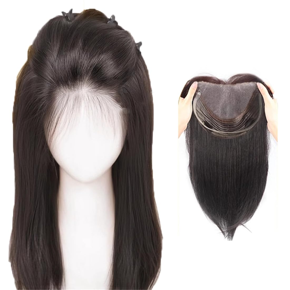 Human Hair Topper with Side Bangs, Thin Lace Base, 9x12cm, Clip-In Hairpiece 100% Remy Real Human Hair Top Toupee Clip In Topper  main image 4